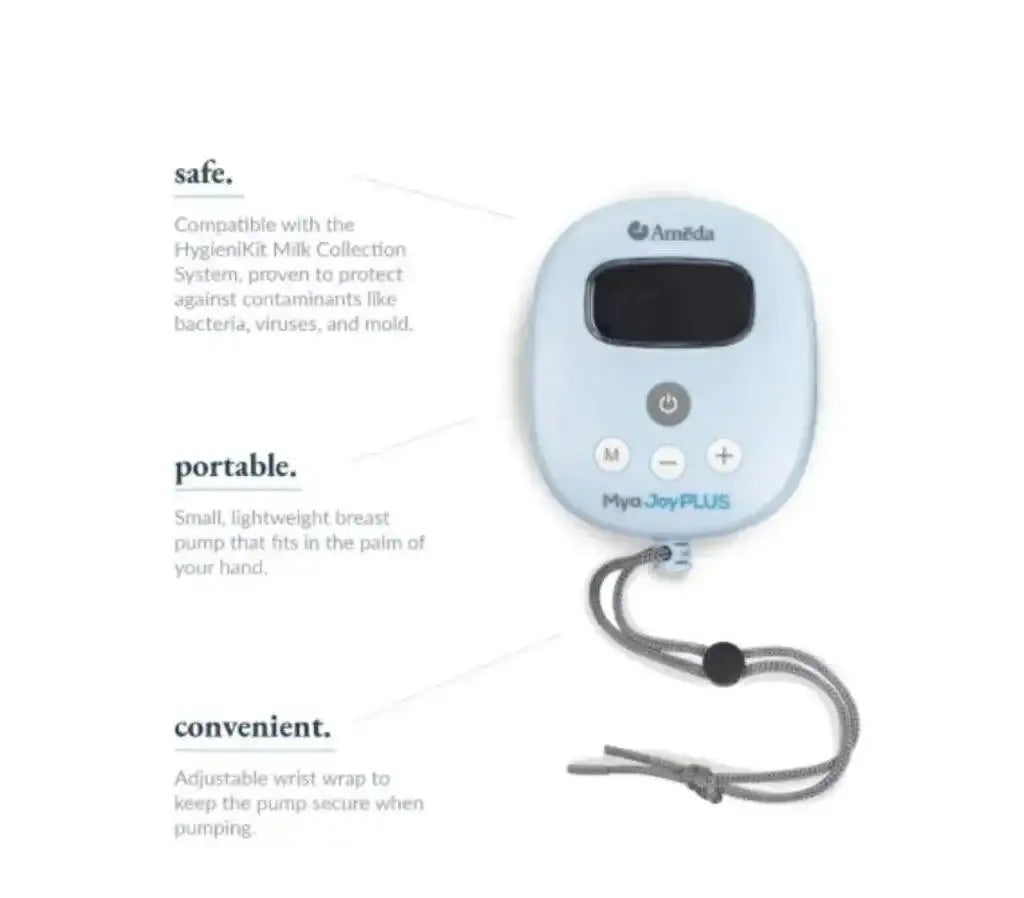 Top view of Mya Joy Plus double electric breast pump showing wrist wrap and compact handheld design, headline reads safe, portable, convenient
