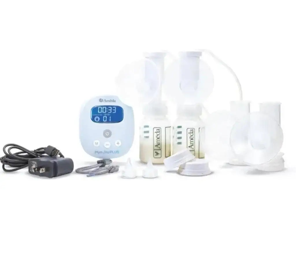 Flat lay of Ameda Mya Joy Plus double electric breast pump showcasing motor unit bottles flanges and power cord on white background