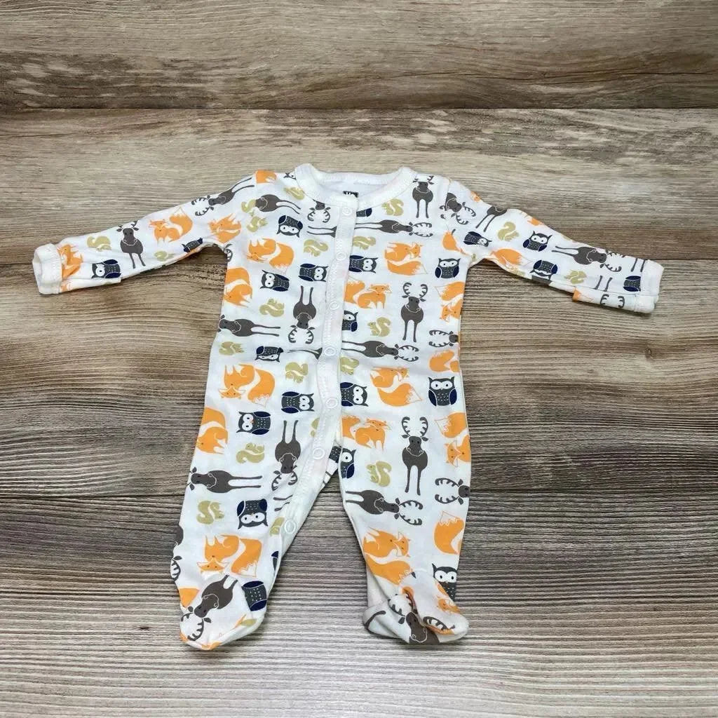 Front view of preemie Hudson Baby sleeper with orange fox, gray deer and navy owl print and front snaps on wood background