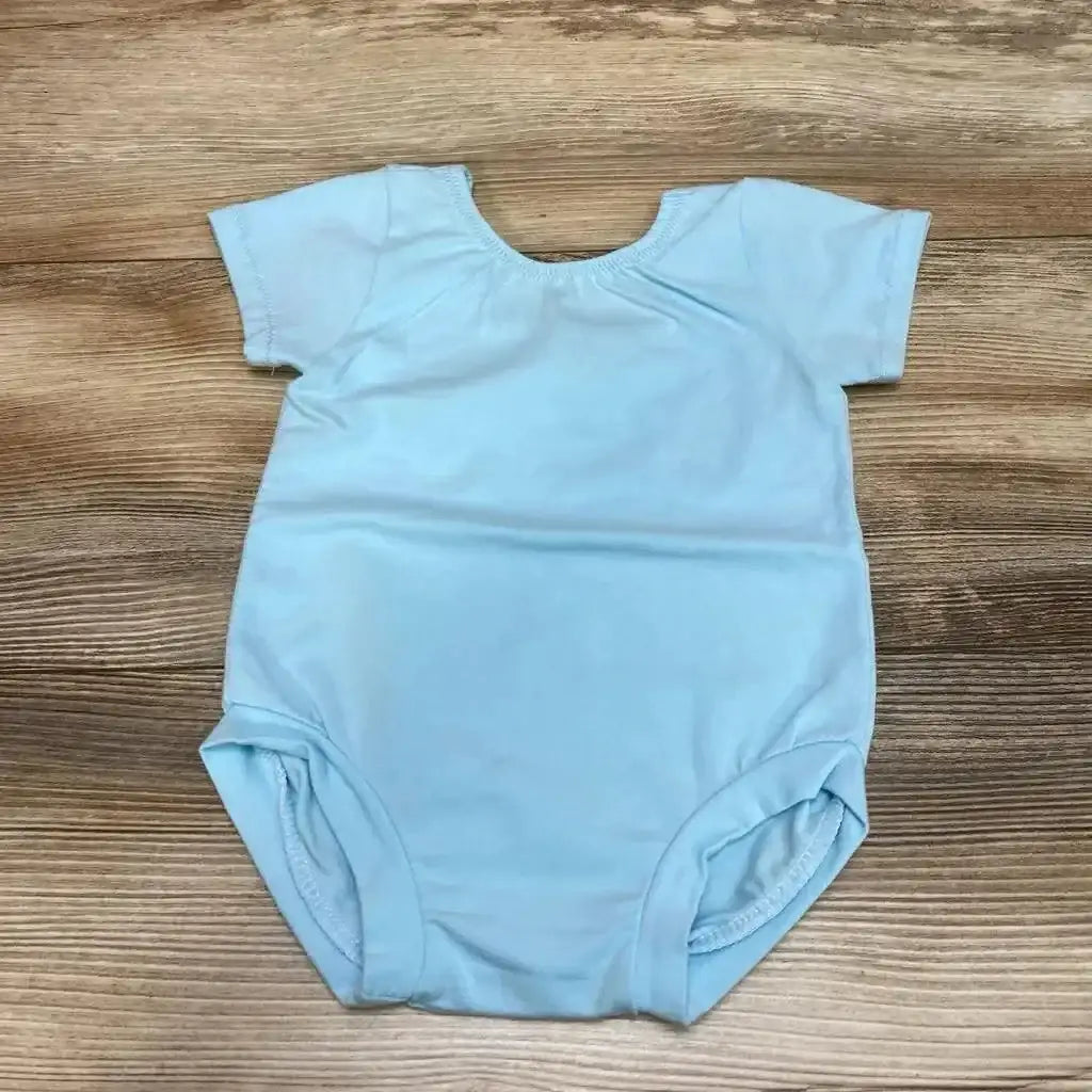 Back view flat lay of Three Bees Bodysuit in solid light blue size 12m showcasing short sleeves and snap closure on wood plank floor