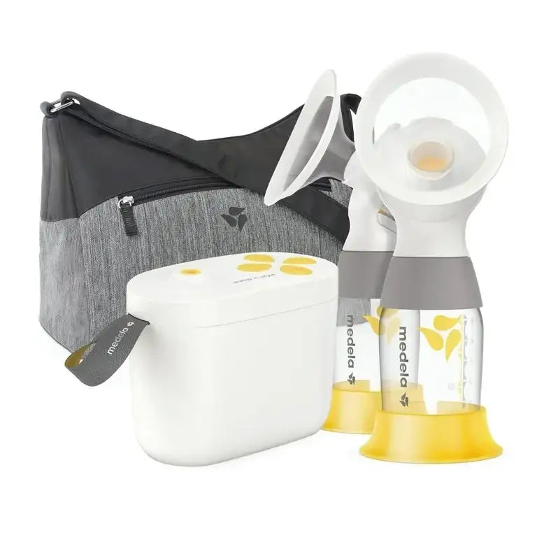 Product shot of Medela Pump In Style with MaxFlow Double Electric Breast Pump showcasing motor unit gray carry tote breast shields and bottles on a white background