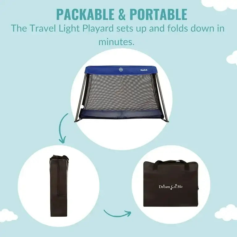 Promotional graphic showing Packable and Portable Travel Light Playard with blue playard, folded pack, and carry bag