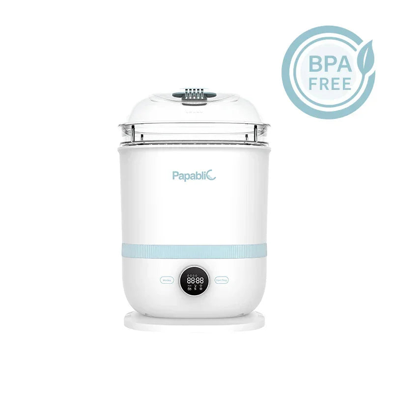 White Papablic electric food steamer with digital control panel and BPA free label