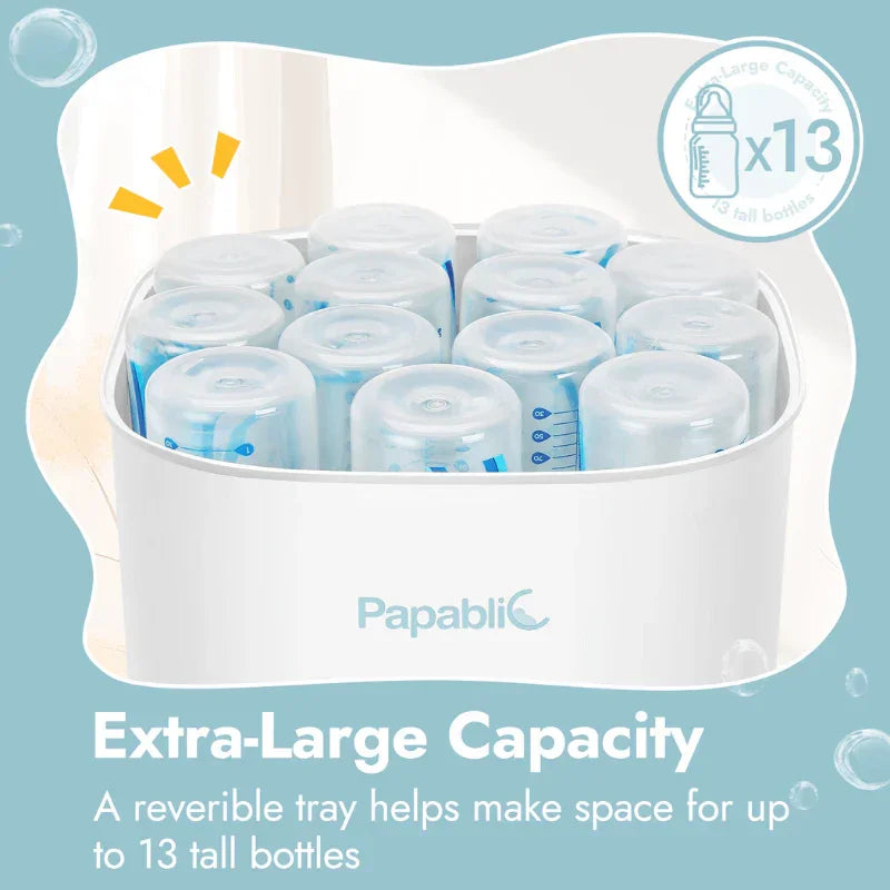 Papablic baby bottle sterilizer with extra-large capacity holding 13 tall bottles