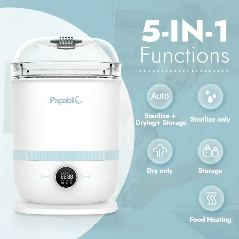 Papablic baby sterilizer with 5-in-1 functions including sterilize, dry, storage, and food heating