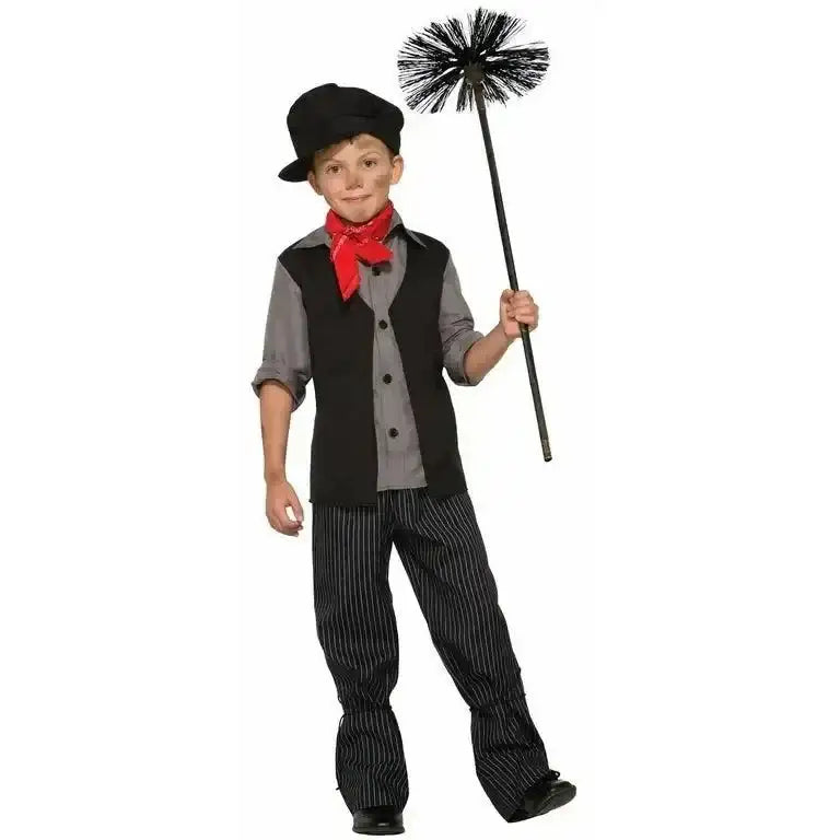 Front view of grey and black Forum Novelties chimney sweep costume with striped pants, vest, red scarf, hat, and chimney brush