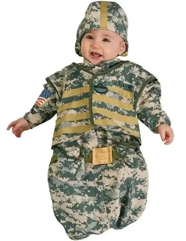 Front view of baby soldier bunting size 0-9m in digital camo with matching hat, US Army name tape and flag patch on white