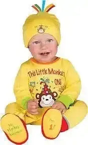 Front view of Rubie’s 1st birthday monkey costume showcasing a yellow hood and monkey graphic on a seated baby
