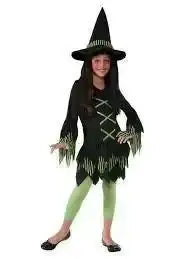 Front view of girl’s lime witch costume with black tunic with lime fringe, lime leggings, and pointed hat on white