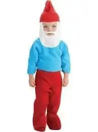 Front view of a Papa Smurf costume showcasing a blue top, red pants, red hat, and white beard against a white background