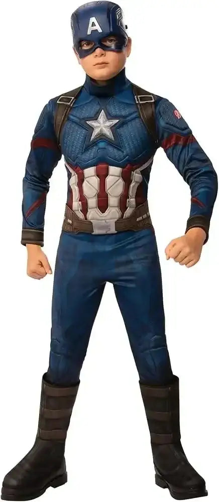 Front view of Rubie’s Captain America costume, size 12 to 14, with blue jumpsuit, mask, chest star, belt, and boot covers
