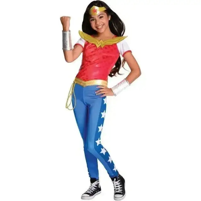Front view of Rubies Wonder Woman costume size 8 to 10 worn by a child, with red top, blue star print pants, and gold accents