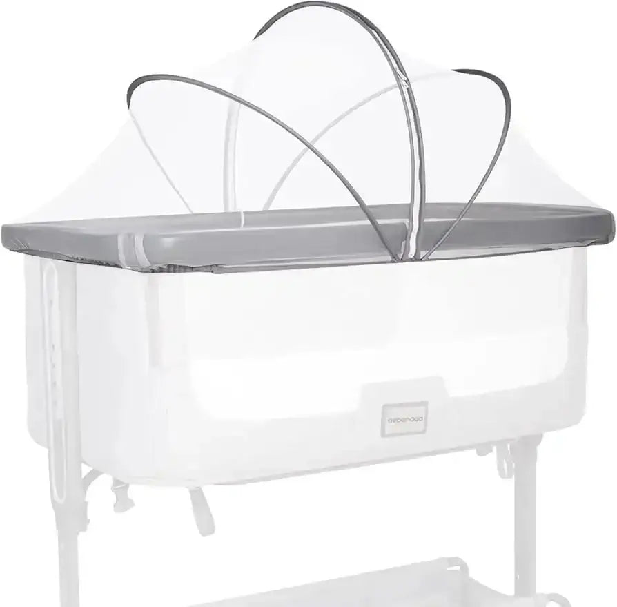 Side view of Beberoad Love crib tent mosquito net showing pop up mesh canopy with gray trim on white background