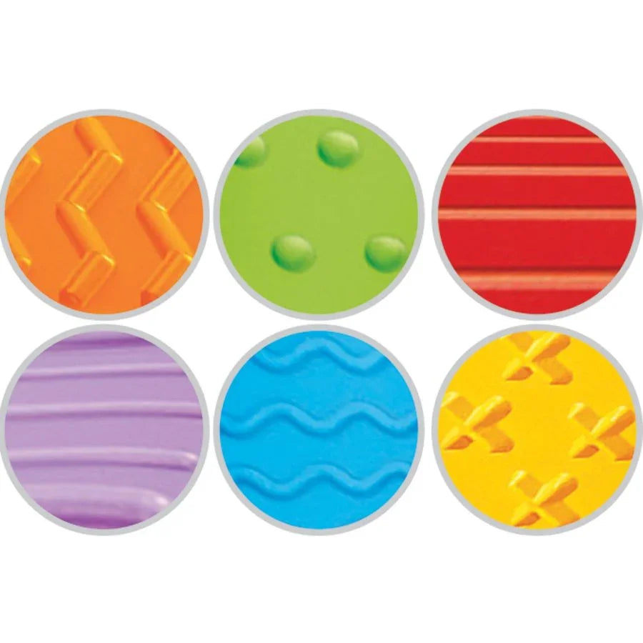 Six textured sensory circles in orange, green, red, purple, blue, and yellow