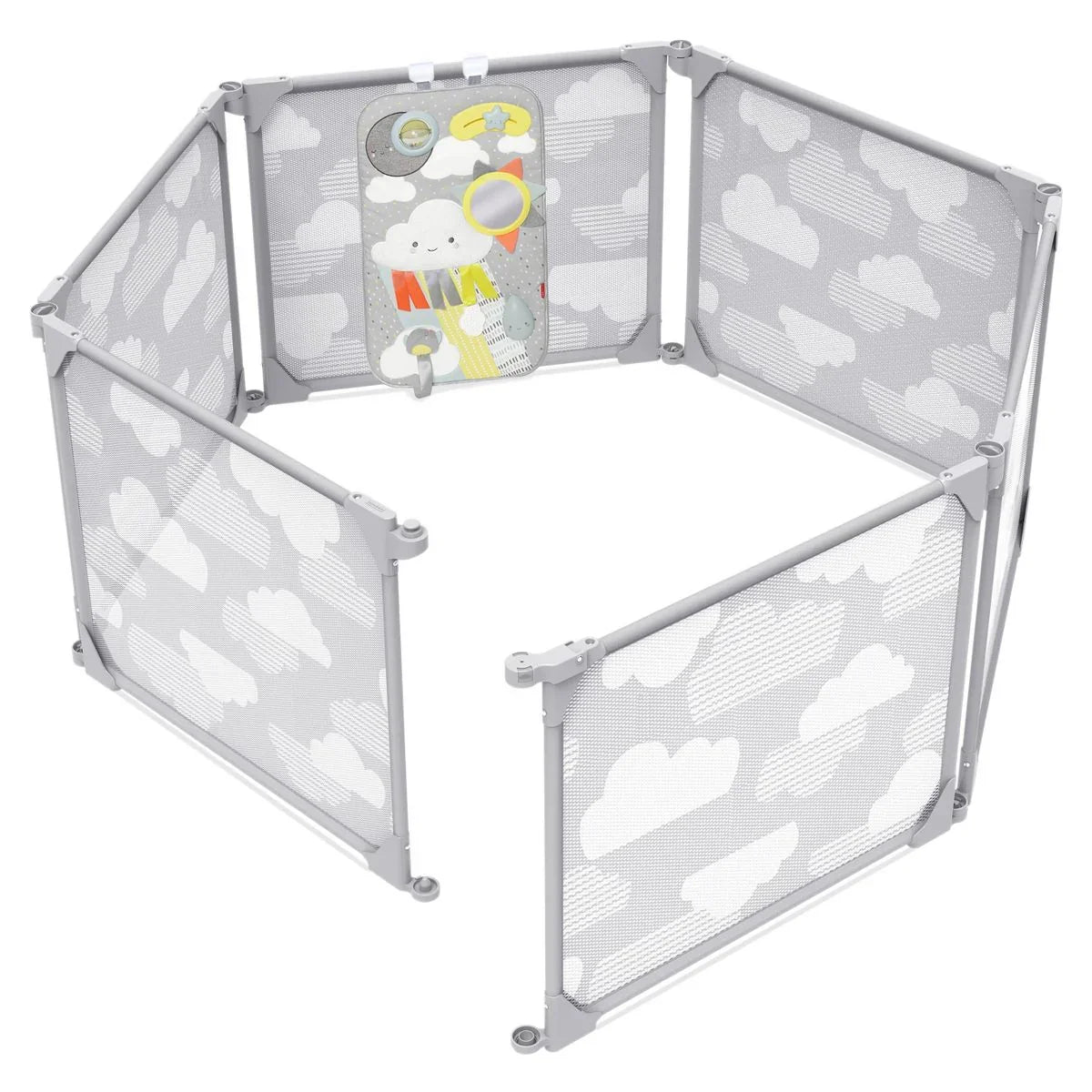 Gray baby play yard with cloud print panels and colorful playboard, safe indoor playpen