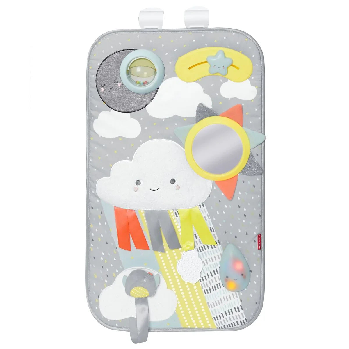Cute cloud-themed baby activity mat with mirror, toys, and colorful details on gray background
