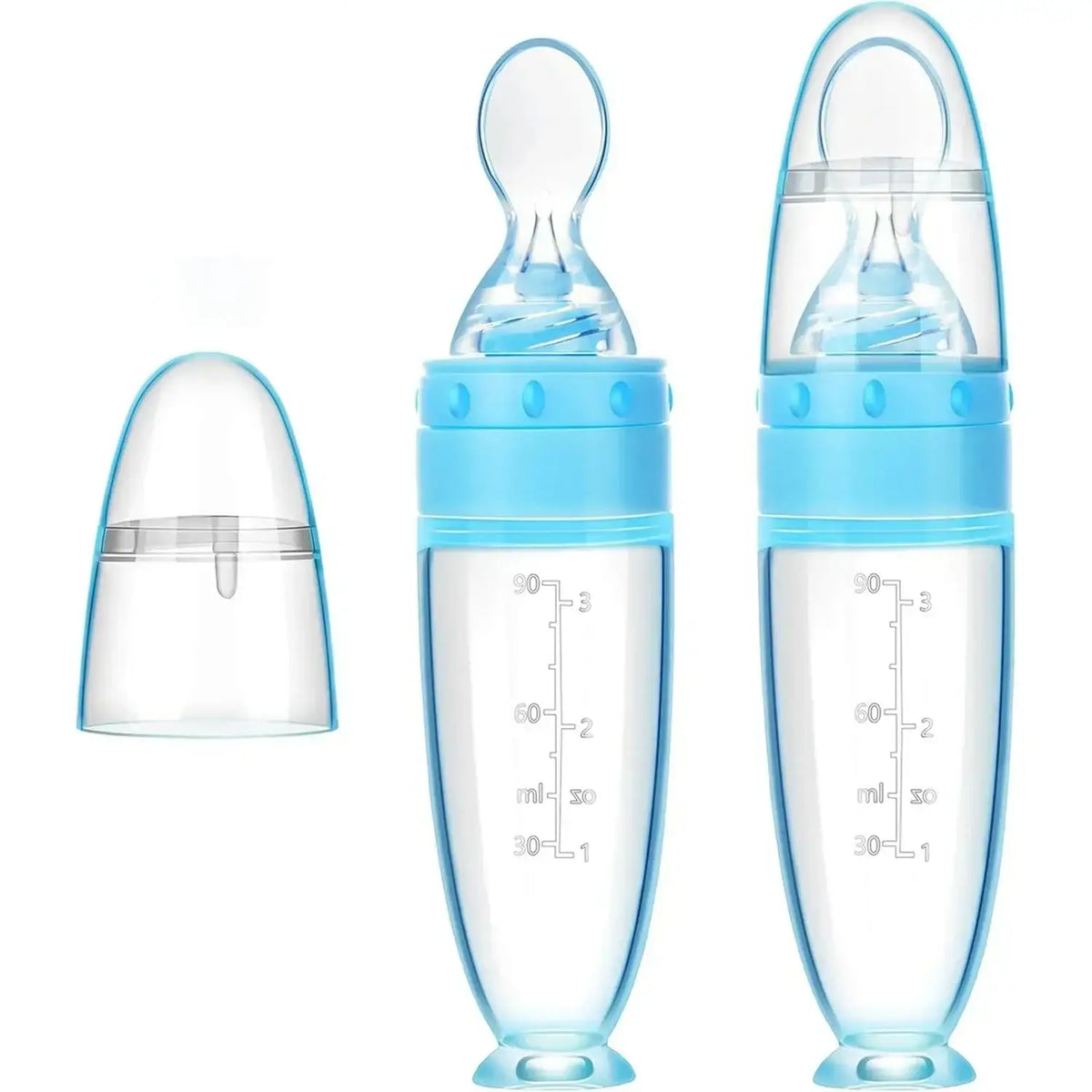 Front view of NEW Nuanchu Silicone Baby Spoons, Blue 2pk with measurement marks, silicone nipples, and removable lids