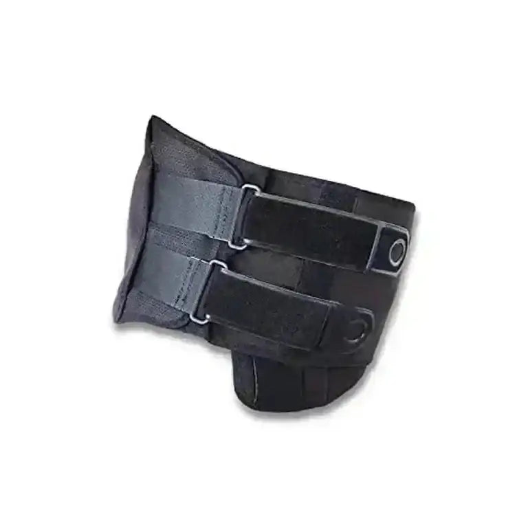 Angled view of Matriarch pregnancy support maternity belt in black showing three adjustable Velcro straps on white background