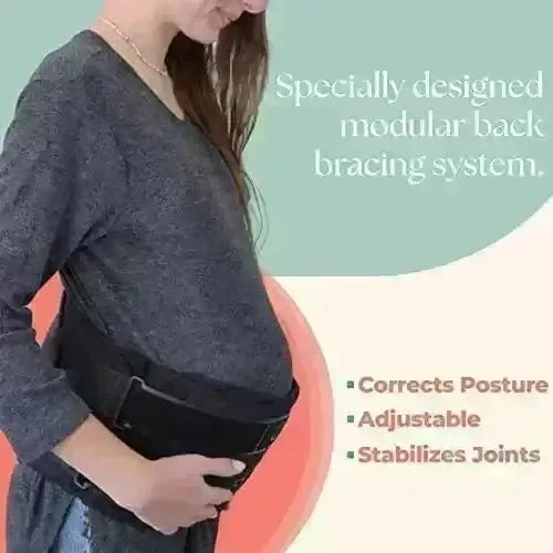 Side view of black maternity support belt on pregnant model showing modular back brace and adjustable straps on green background