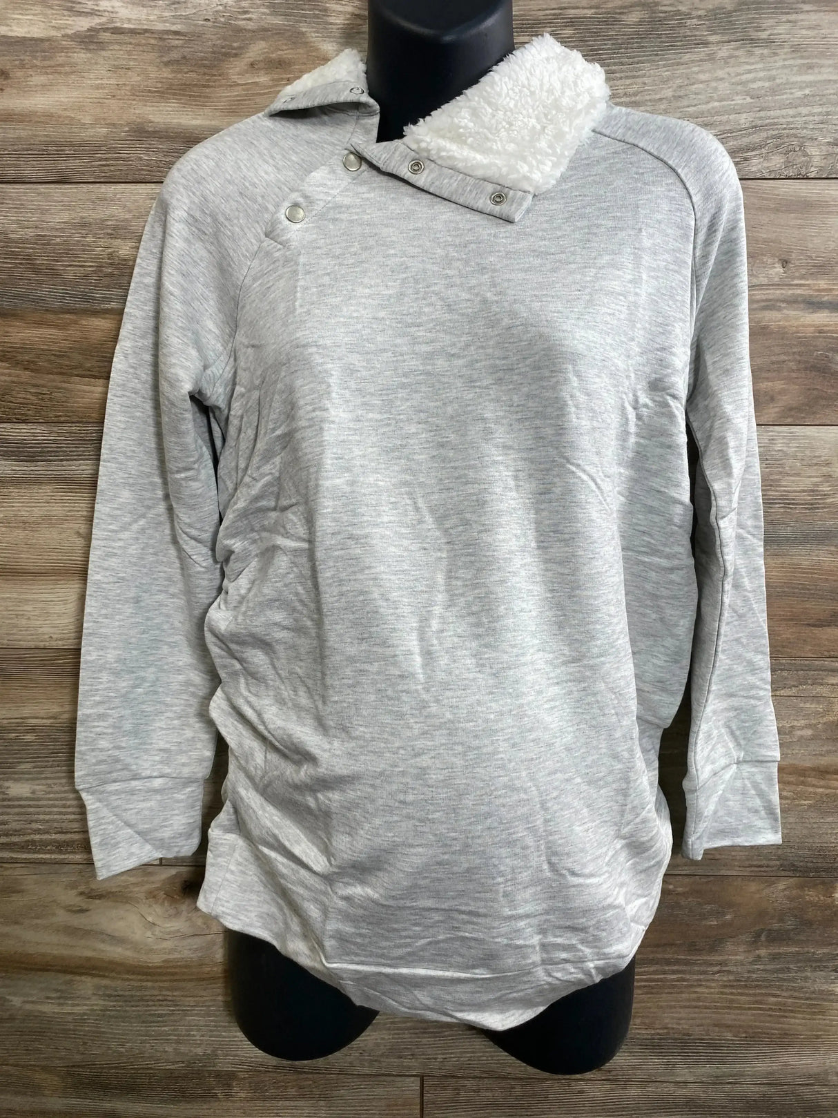 Front view of Isabel maternity grey sweatshirt showcasing sherpa-lined snap collar and long sleeves on white background