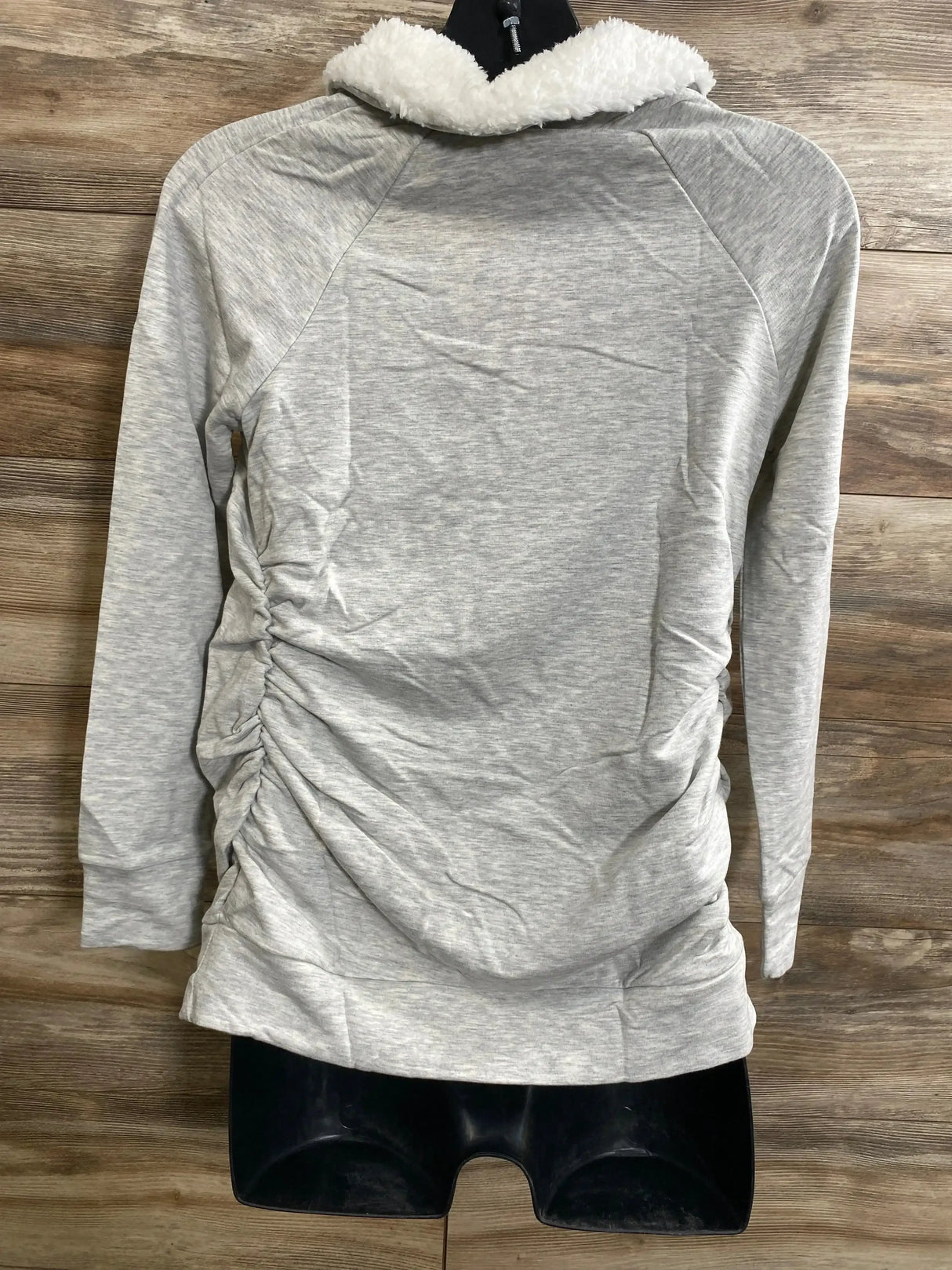 Back view of NEW Isabel Maternity Snap Sherpa Collar Sweatshirt size XS in heather grey with ruched sides on a dress form