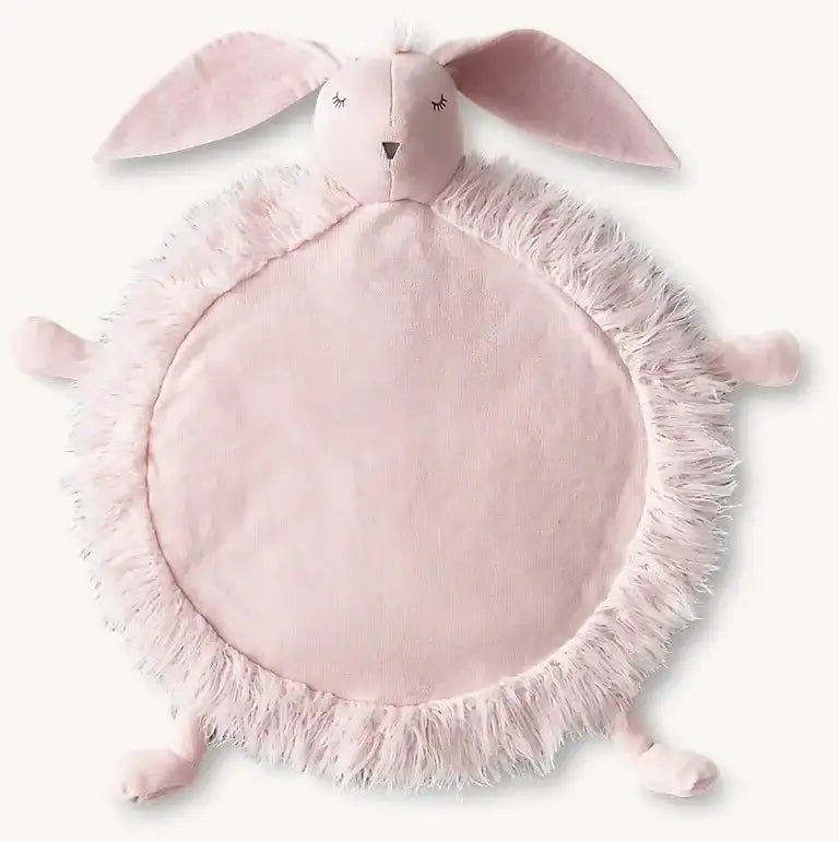 Top-down view of pink Petal Bunny play mat with padded round center, faux-fur trim and attached bunny head