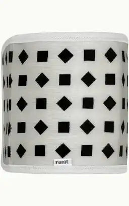 Front view of Nanit breathing band wrap size 0-3M showcasing black square and diamond print on white mesh background