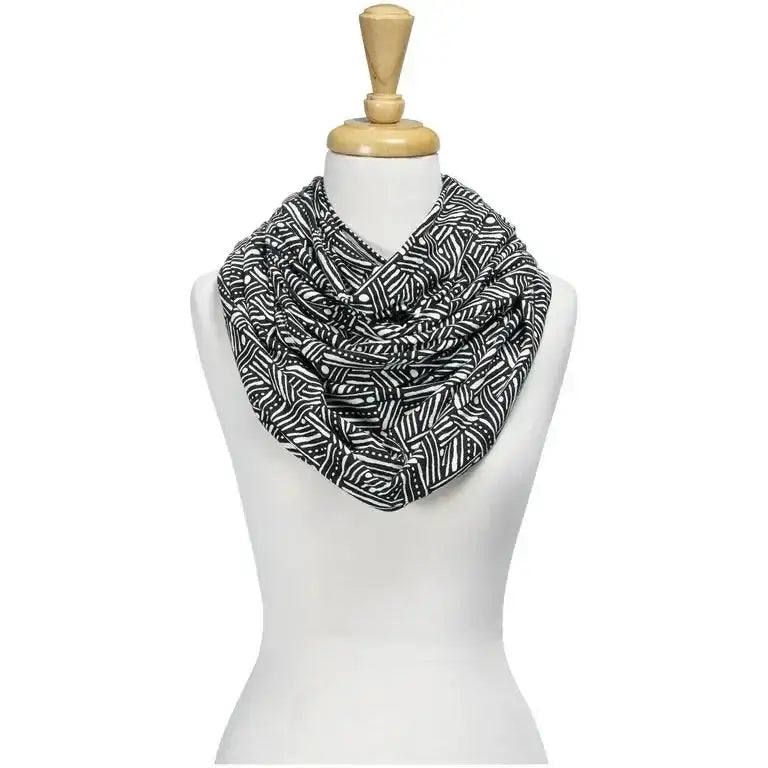 Front view of Trend Lab Geometric nursing cover folded as scarf, showing black-and-white geometric pattern on white mannequin