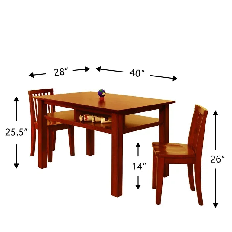 Three-quarter view of NEW Newton kids wooden table and two chairs set with under-shelf storage and labeled dimensions 40x28 in, shelf 14 in