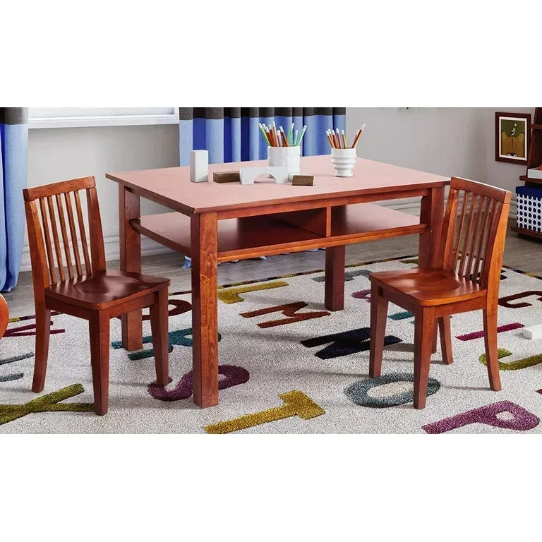 Front view of Newton Kids Wooden Table and Two Chairs Set in espresso showcasing slatted chair backs and pencil cups on colorful alphabet rug