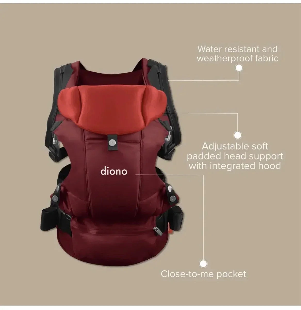 Red Diono baby carrier with padded head support, weatherproof fabric, and front pocket