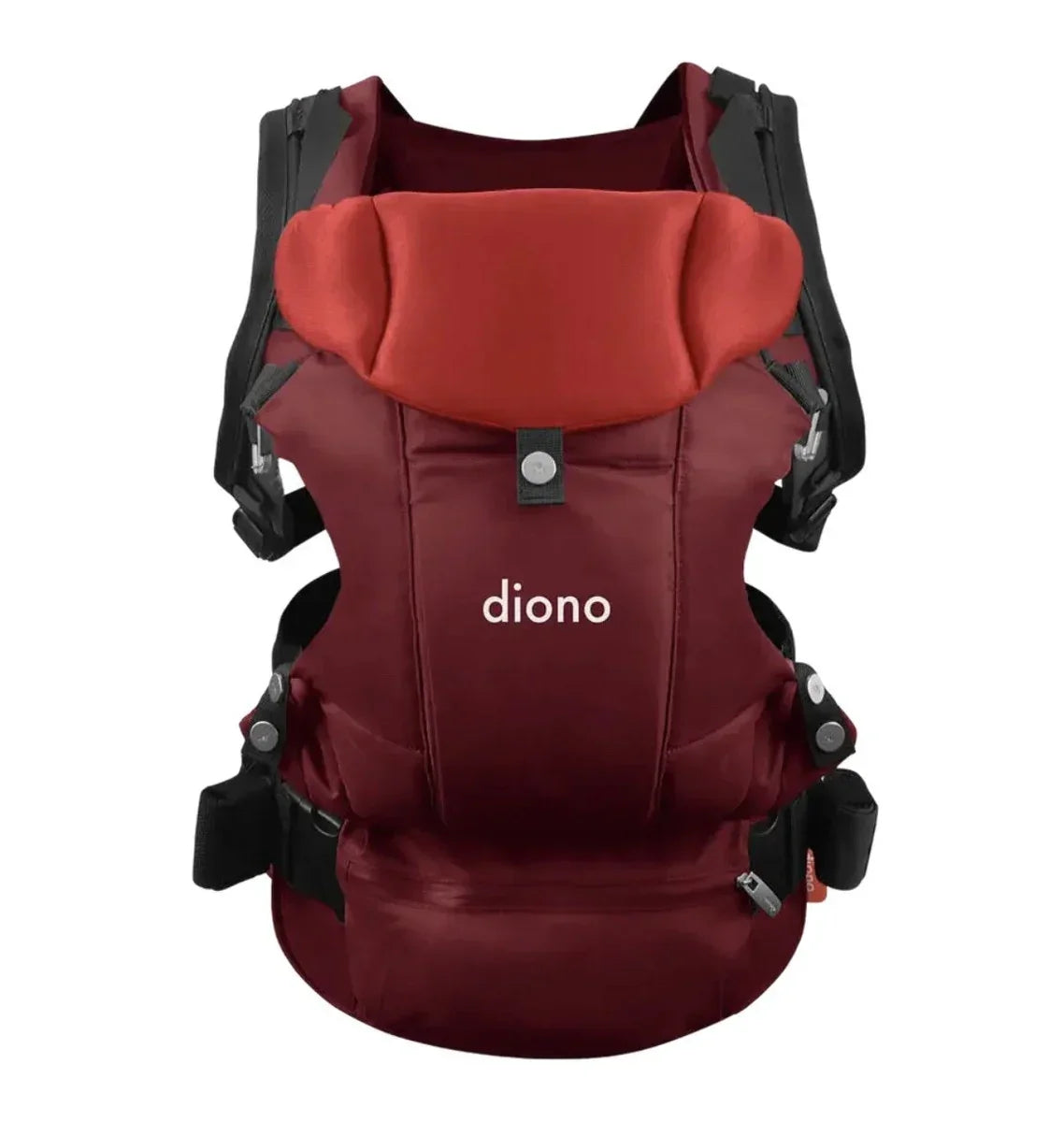 Burgundy Diono baby carrier with adjustable straps and padded headrest, front view