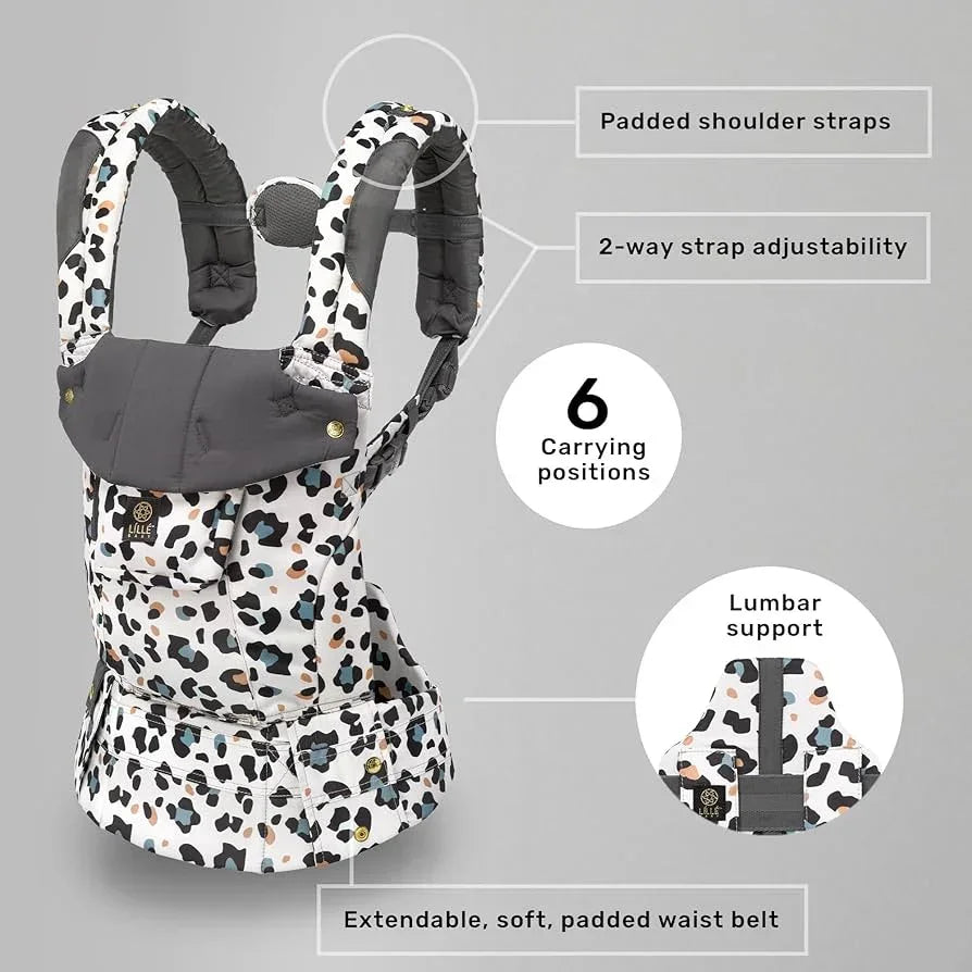 Leopard print baby carrier with padded shoulder straps, lumbar support, adjustable waist belt, and 6 carrying positions