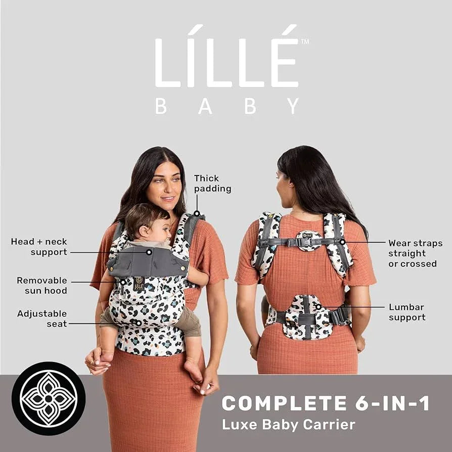 Complete 6-in-1 Luxe Baby Carrier shown front and back with adjustable seat, head and neck support, thick padding, and lumbar support