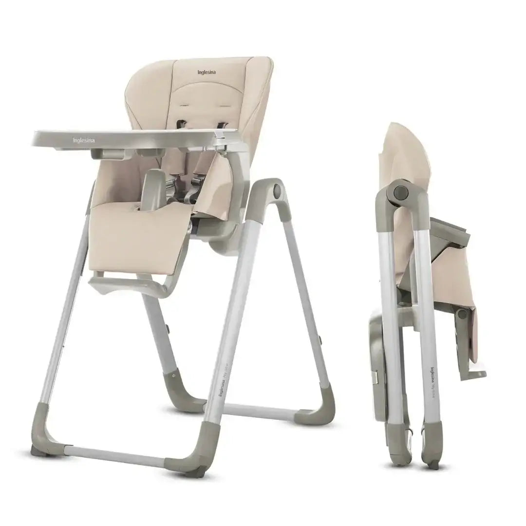 Beige Inglesina foldable baby high chair with safety harness and removable tray, standing and folded views