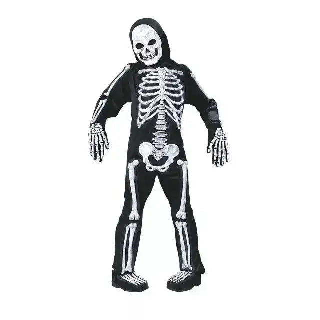 Front view of child’s black Spirit skeleton costume (size 8–10) showing printed white bones and attached hood on white background