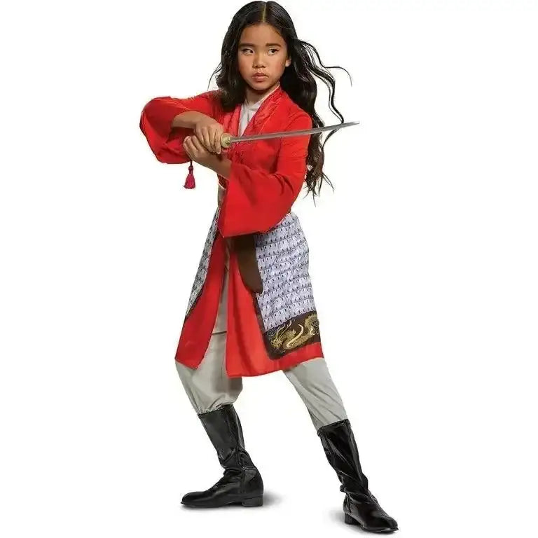 Front view of Live Action Mulan child costume showcasing red robe, printed sash, beige pants and toy sword on white background