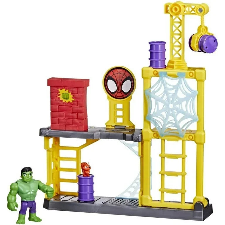 Hulk action figure with Spider-Man themed playset, web, crane, and brick wall toys