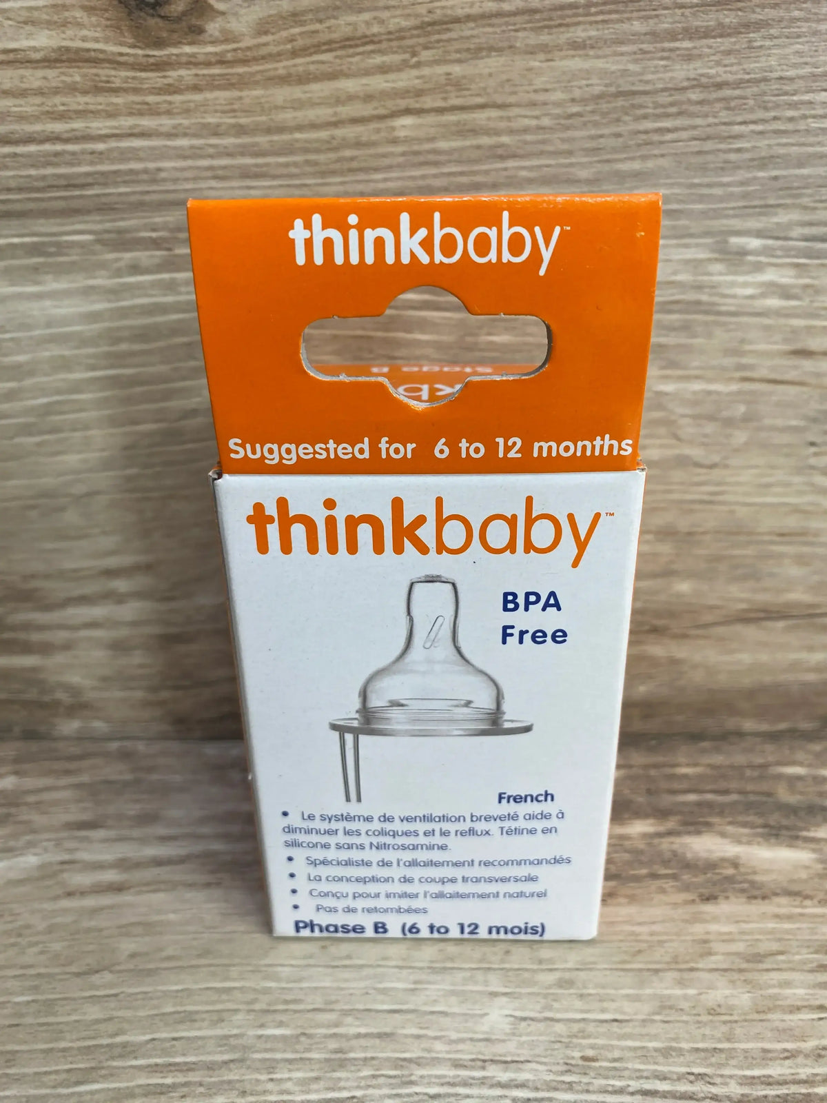 Front view of Thinkbaby Stage B nipple packaging showing thinkbaby logo, BPA Free label and 6 to 12 months suggestion