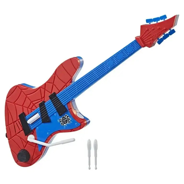Angled view of Spider-Man Spider-Punk toy guitar with red-and-blue spider-web body, blue neck and white drumsticks on white background