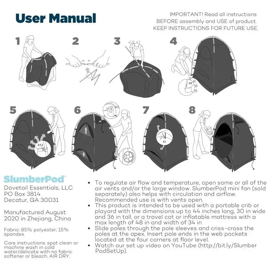 SlumberPod portable crib tent assembly instructions with step-by-step diagrams for baby sleep safety