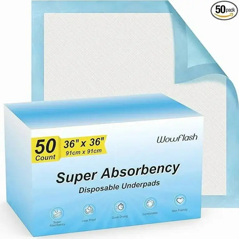 Front view of Wowflash underpads box with unfolded 36 x 36 in blue bordered pad, shows Super Absorbency and 50 count