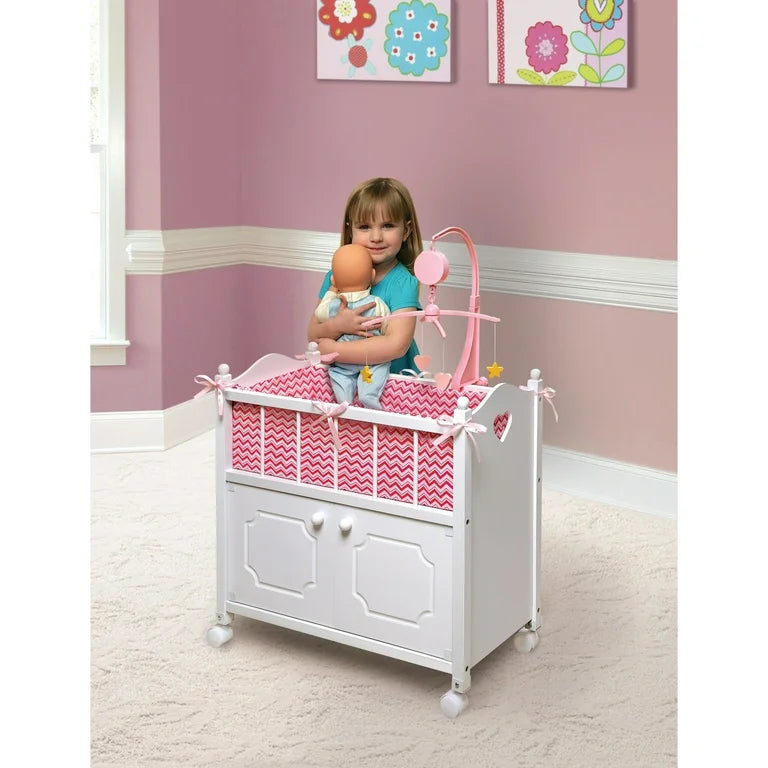 NEW Badger Basket Cabinet Doll Crib with Chevron Bedding Pink/White