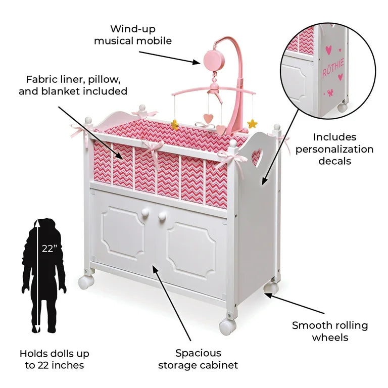 NEW Badger Basket Cabinet Doll Crib with Chevron Bedding Pink/White