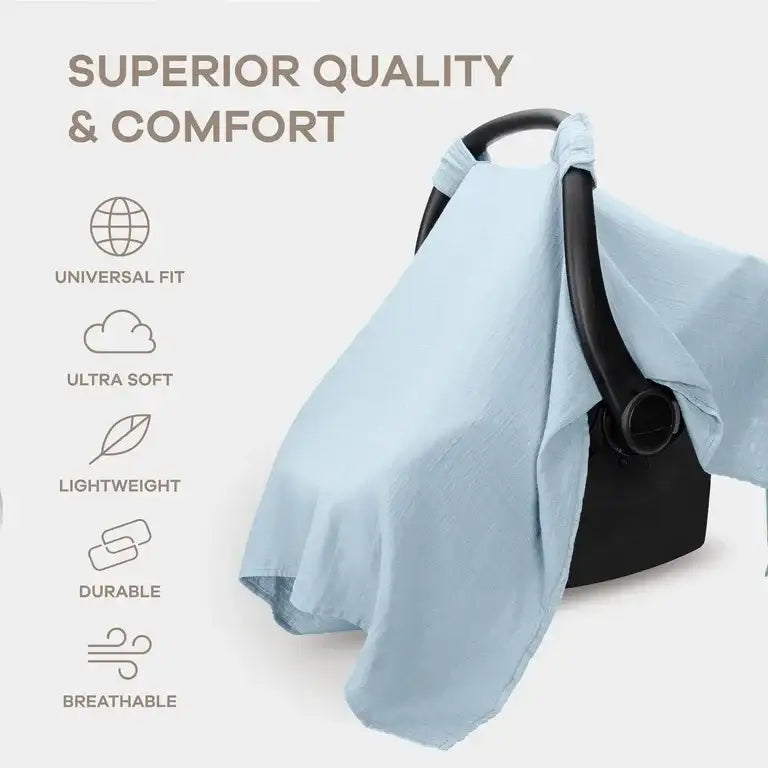 Draped Comfy Cubs muslin car seat cover in blue on infant carrier, breathable soft fabric, overlay reads Superior quality and comfort