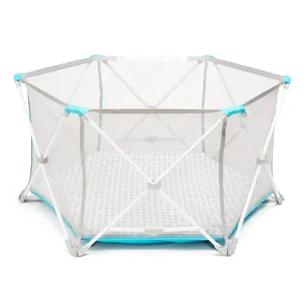 Front view of Regalo six-panel play yard with white mesh sides, aqua trim, and padded patterned floor on white background