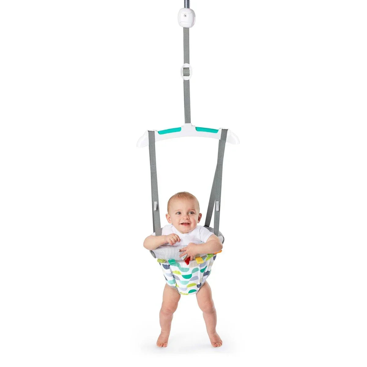 Front view of Bright Starts Playful Parade door jumper showing patterned seat, adjustable gray straps, door-mount hardware on white background