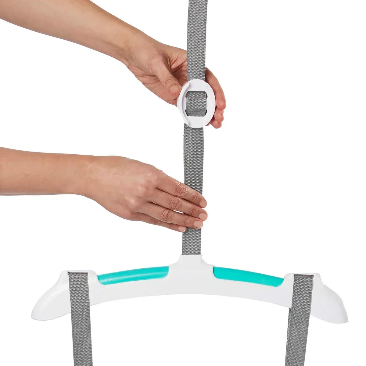Top detail view of Bright Starts door jumper showing adjustable strap buckle and gray straps on white background