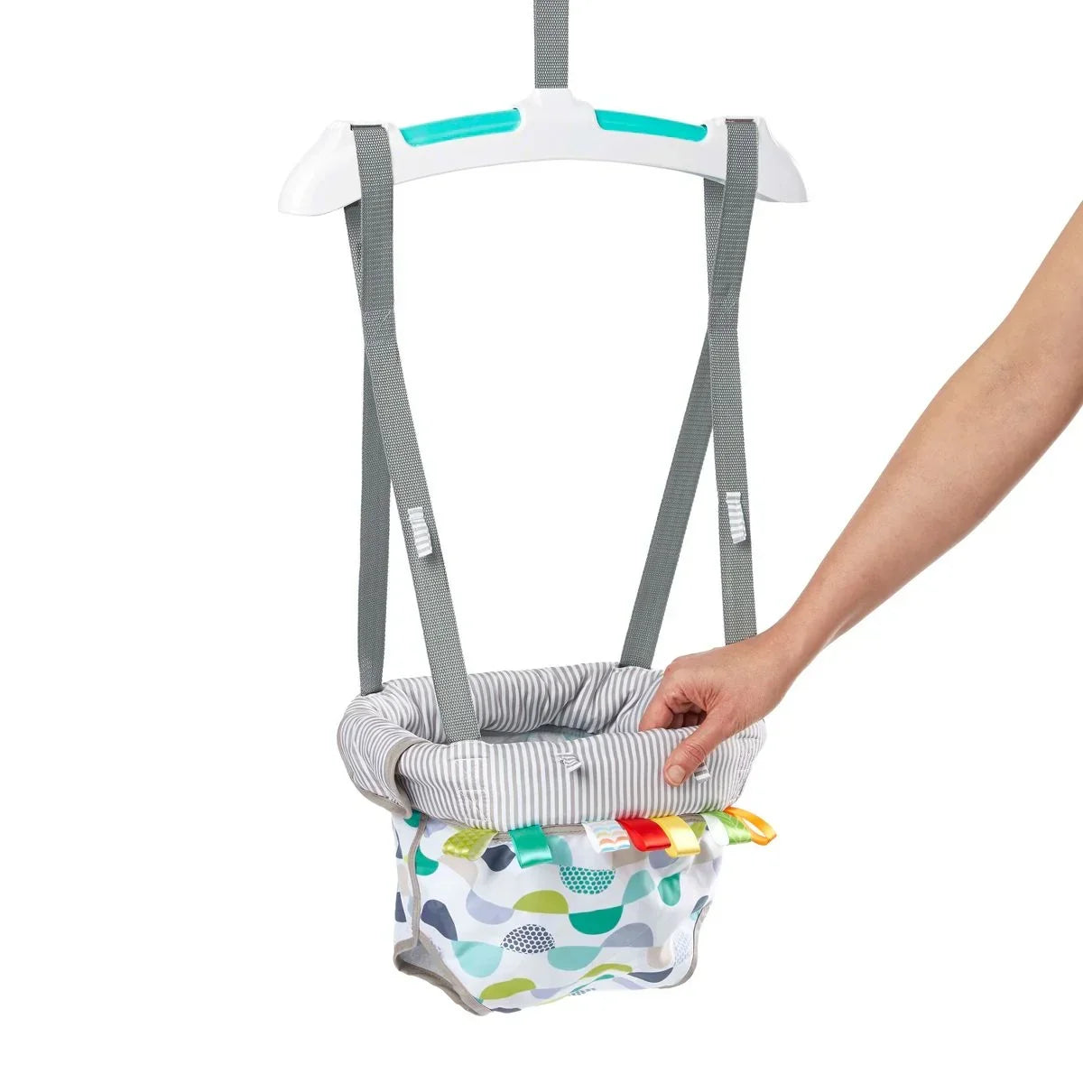 Front view of Bright Starts Playful Parade door jumper with padded striped seat, colorful ribbon tags and adjustable straps