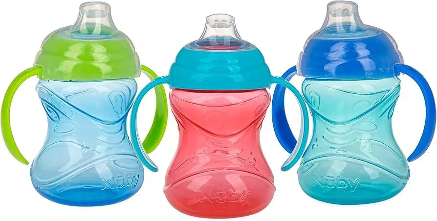 Front view of NEW Nuby Clik-It Grip N Sip 3pk training sippy cups showcasing blue red and teal 10oz tumblers with handles and soft spouts on white background